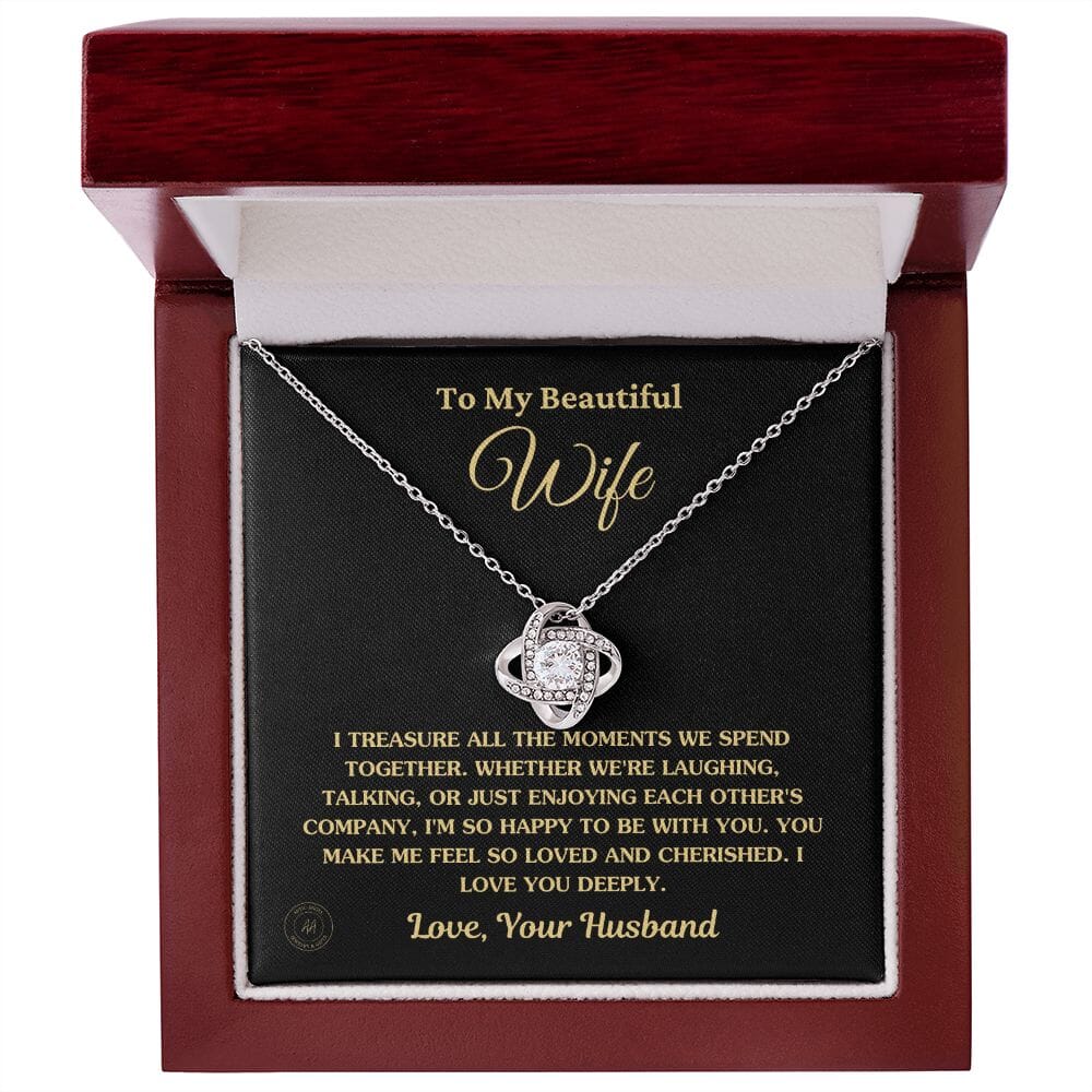 Gift For Wife "I Treasure All The Moments" Knot Necklace Jewelry 14K White Gold Finish Luxury Box 