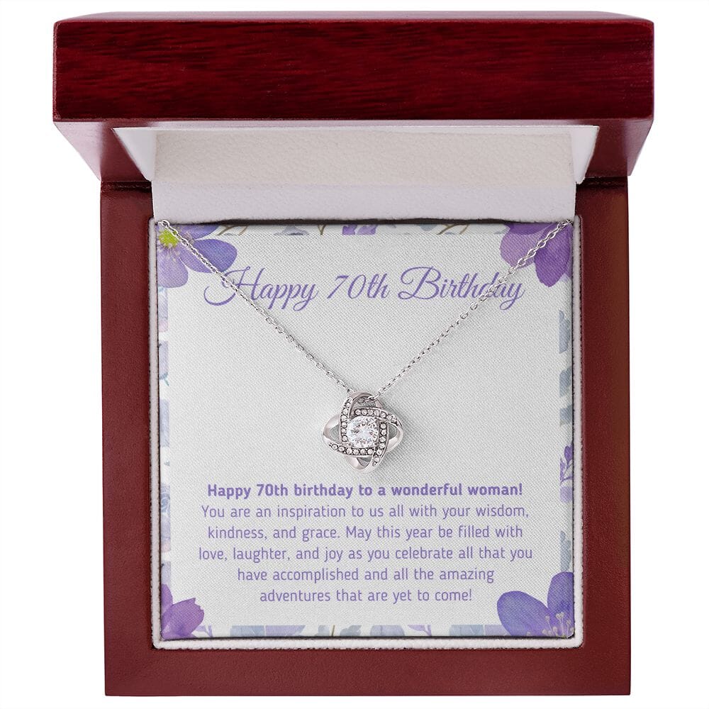 Beautiful "Happy 70th Birthday - You Are An Inspiration To Us All" Knot Necklace Jewelry 14K White Gold Finish Mahogany Style Luxury Box (w/LED) 