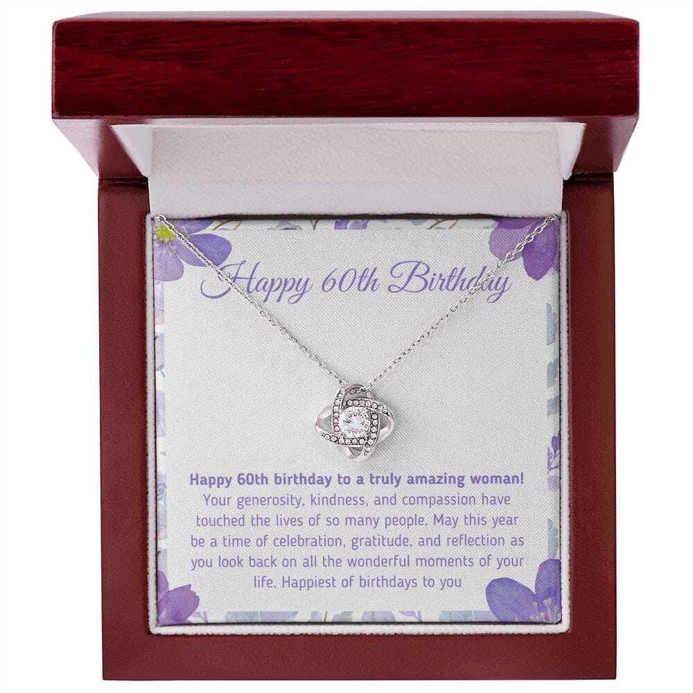 Beautiful "Happy 60th Birthday - To A Truly Amazing Woman" Knot Necklace Jewelry 14K White Gold Finish Mahogany Style Luxury Box (w/LED) 