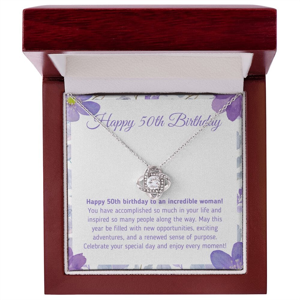 Beautiful "Happy 50th Birthday - You Have Accomplished So Much" Knot Necklace Jewelry 14K White Gold Finish Mahogany Style Luxury Box (w/LED) 