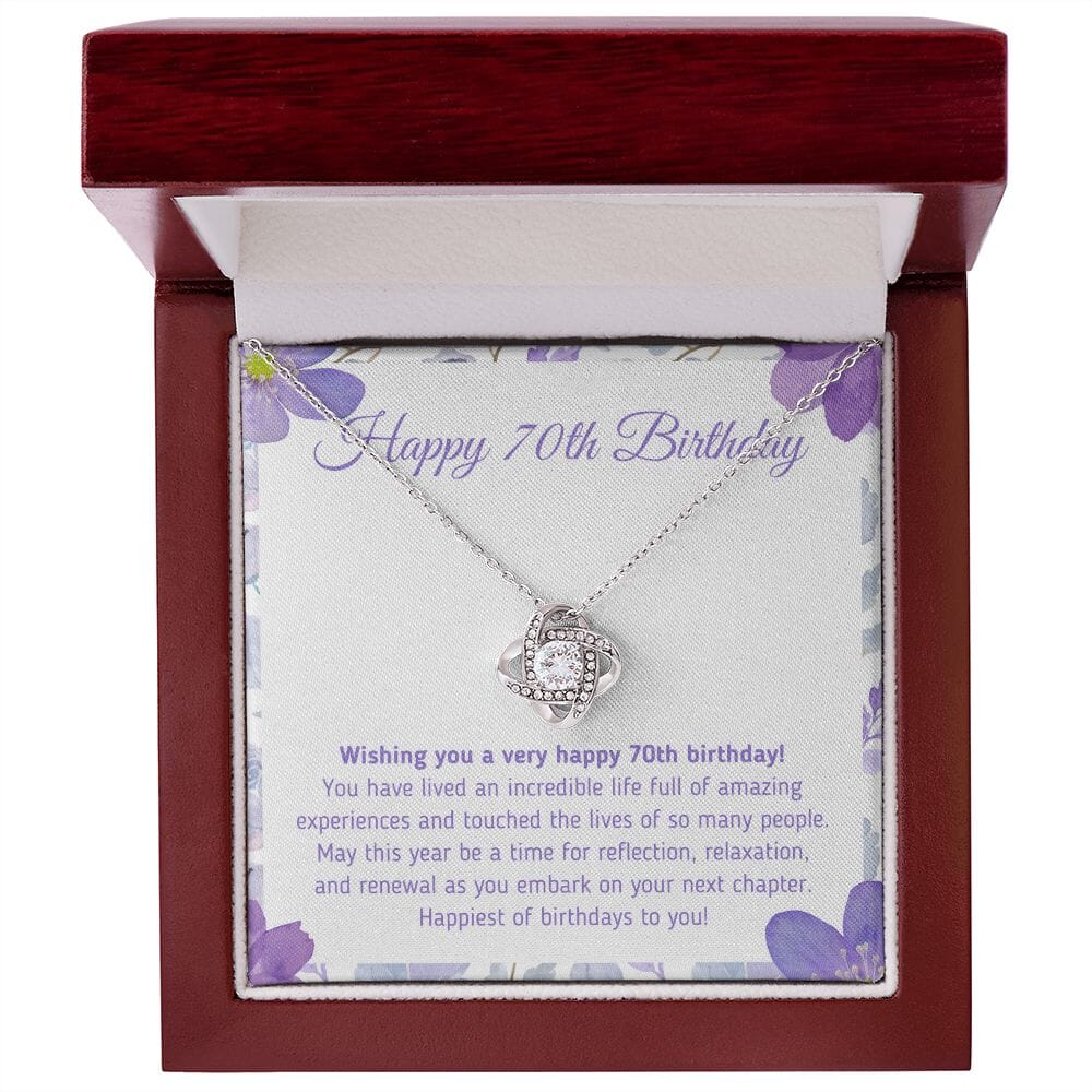Beautiful "Happy 70th Birthday - You Have Lived An Incredible Life" Knot Necklace Jewelry 14K White Gold Finish Mahogany Style Luxury Box (w/LED) 