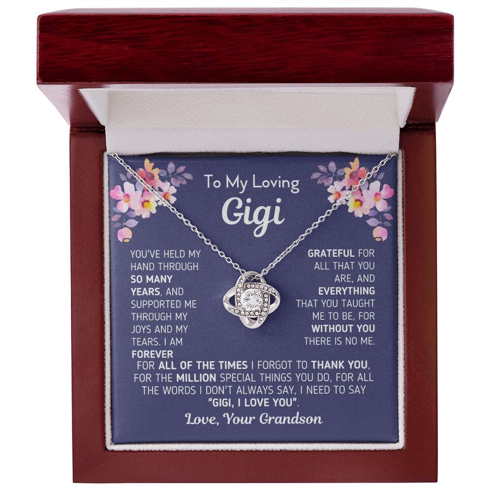 Gift for Gigi From Grandson "Without You There Is No Me" Knot Necklace Jewelry 14K White Gold Finish Mahogany Style Luxury Box (w/LED) 