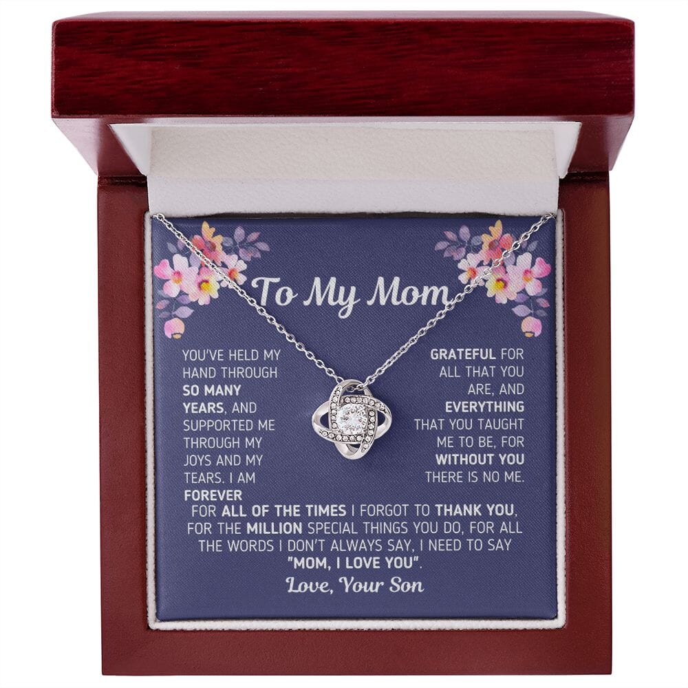 Gift for Mom From Son "Without You There Is No Me" Knot Necklace Jewelry 14K White Gold Finish Mahogany Style Luxury Box (w/LED) 