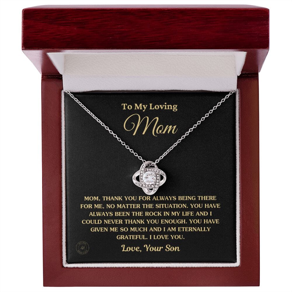Gift for Mom From Son - "Thank You For Always Being There For Me" Necklace Jewelry 14K White Gold Finish Mahogany Style Luxury Box (w/LED) 