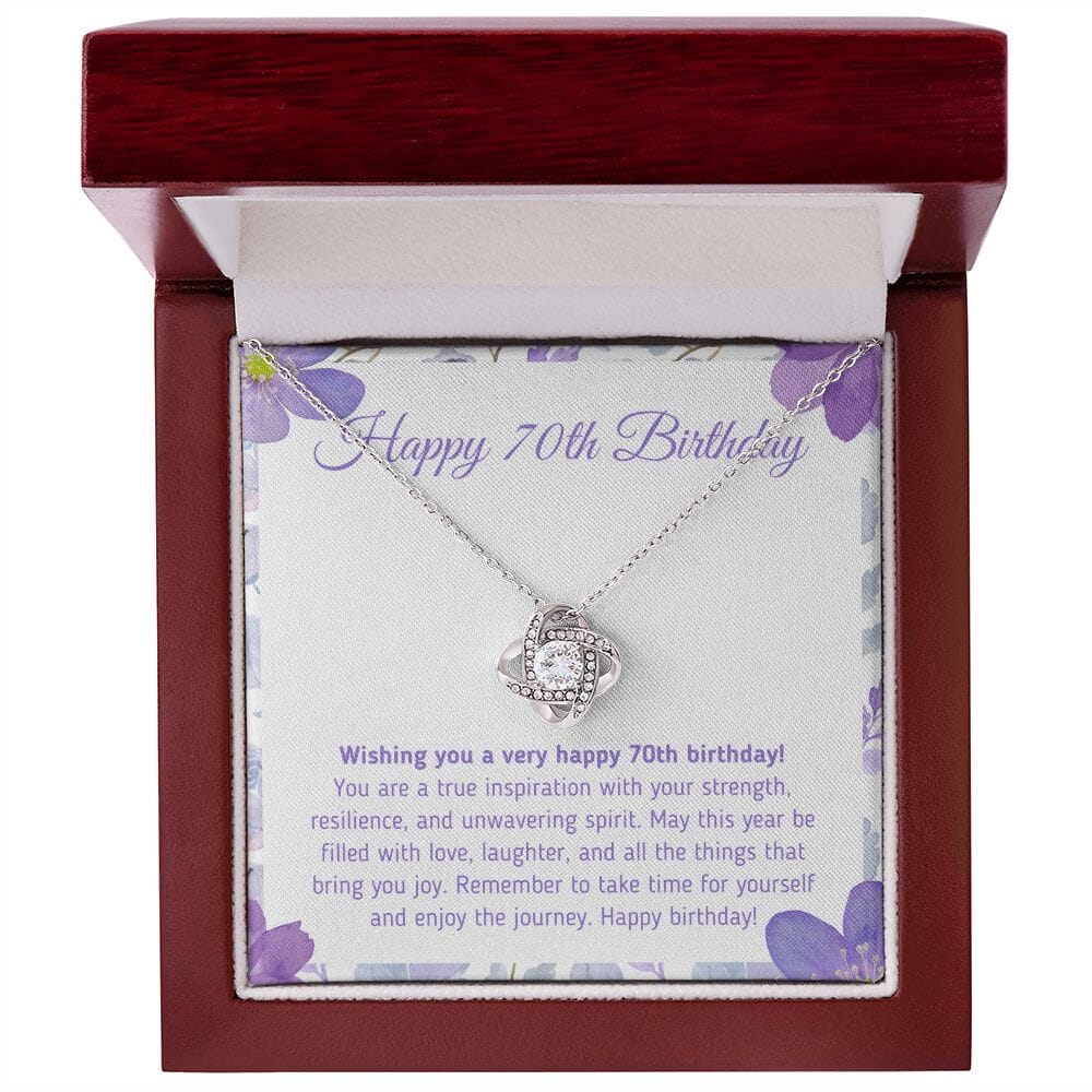Beautiful "Happy 70th Birthday - You Are A True Inspiration" Knot Necklace Jewelry 14K White Gold Finish Mahogany Style Luxury Box (w/LED) 