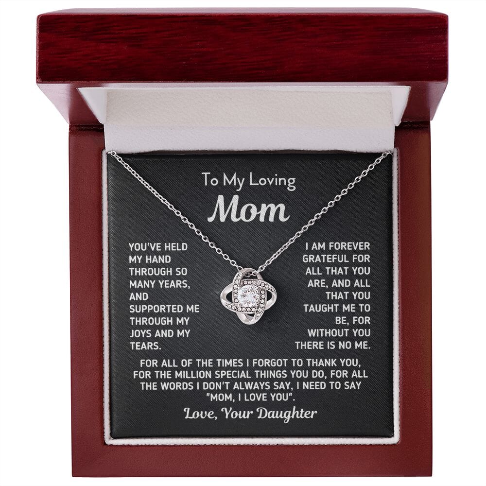Gift for Mom From Daughter "Without You There Is No Me" Knot Necklace Jewelry 14K White Gold Finish Mahogany Style Luxury Box (w/LED) 