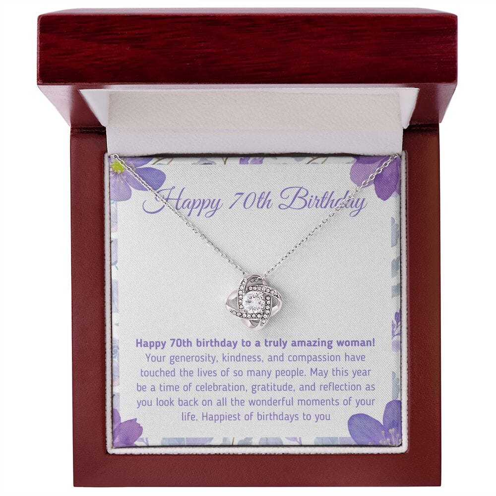 Beautiful "Happy 70th Birthday - To A Truly Amazing Woman" Knot Necklace Jewelry 14K White Gold Finish Mahogany Style Luxury Box (w/LED) 