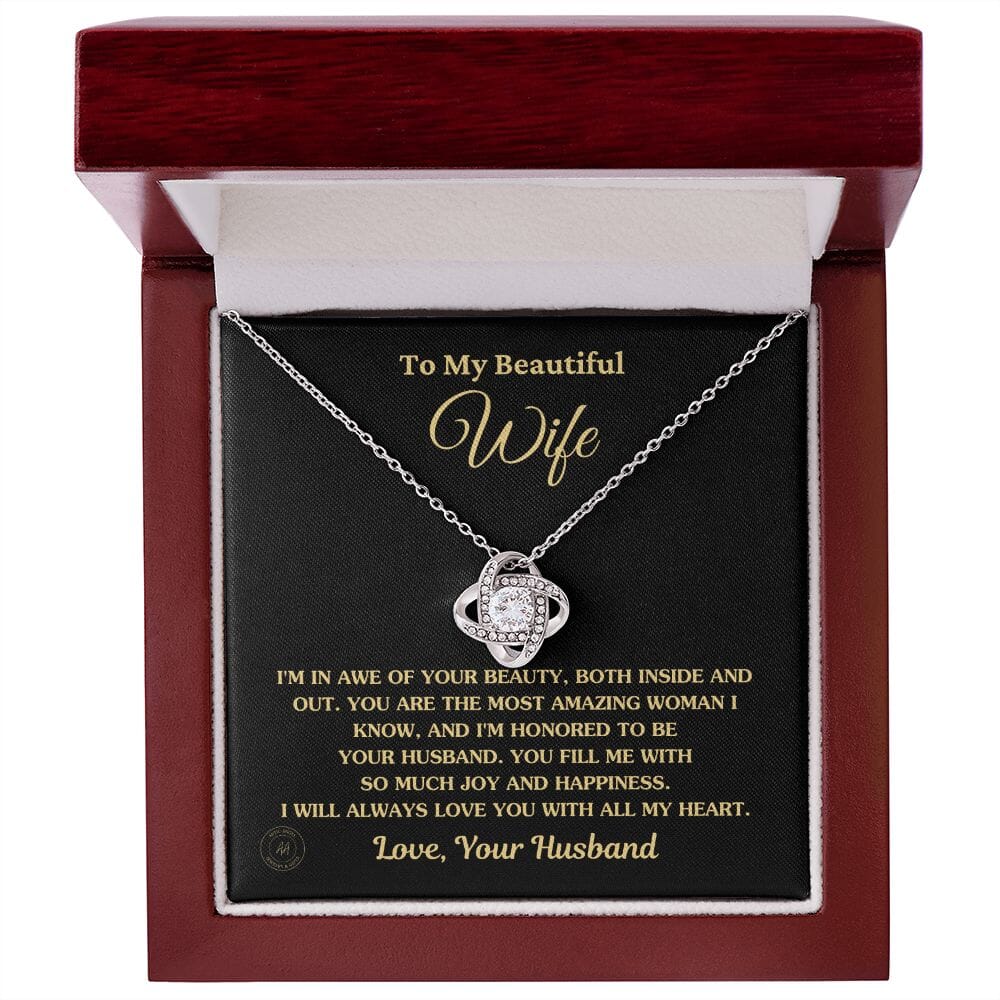 Gift For Wife "I'm In Awe Of Your Beauty" Knot Necklace Jewelry 14K White Gold Finish Luxury Box 