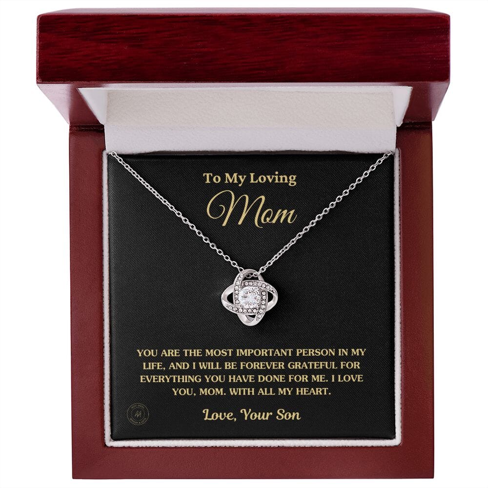 Gift for Mom From Son - "The Most Important Person In My Life" Necklace Jewelry 14K White Gold Finish Mahogany Style Luxury Box (w/LED) 