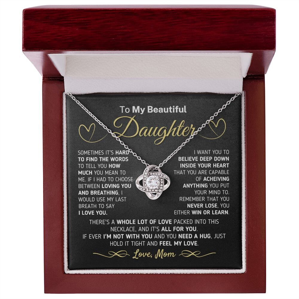 Gift for Daughter from Mom - If You Ever Need A Hug Love Knot Necklace Jewelry Mahogany Style Luxury Box (w/LED) 