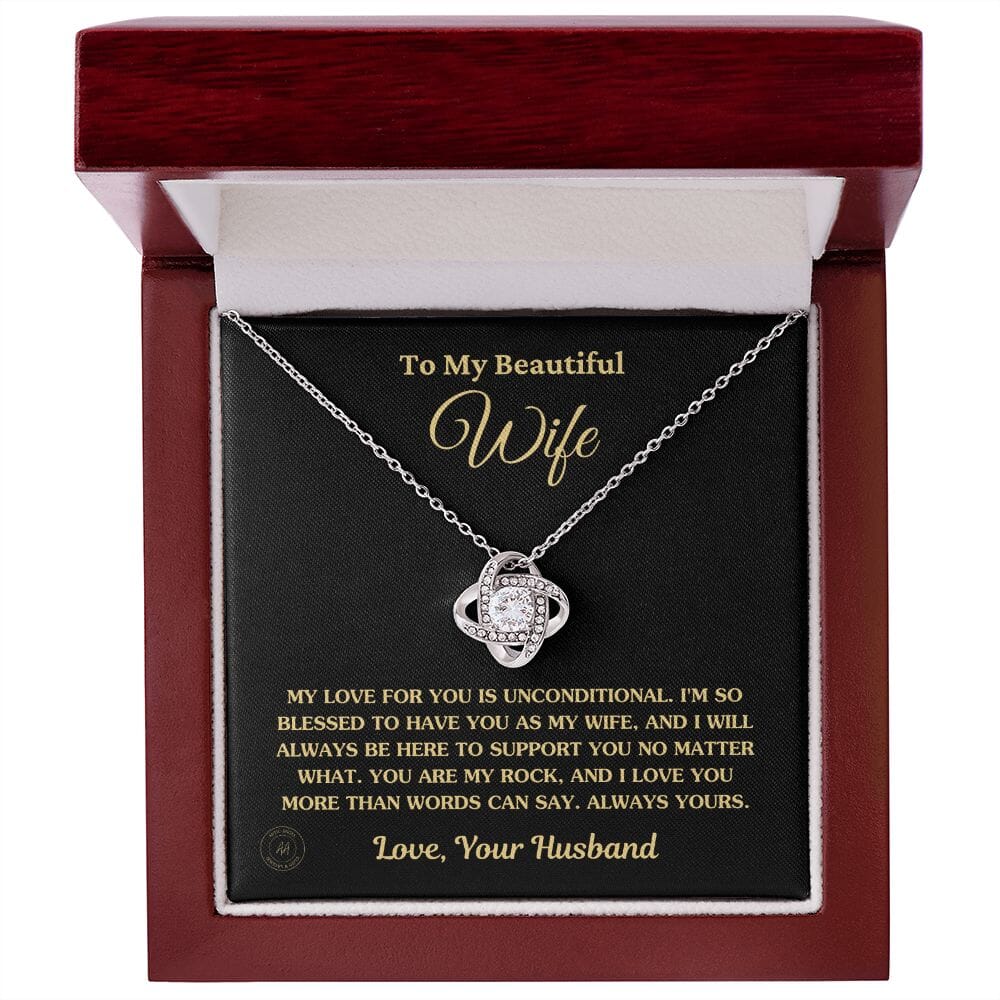 Gift For Wife "My Love For You Is Unconditional" Knot Necklace Jewelry 14K White Gold Finish Luxury Box 