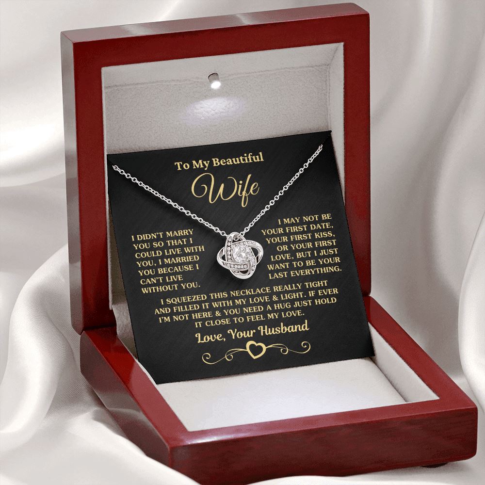 Gift for Wife "I Can't Live Without You" Gold Knot Necklace Jewelry 14K White Gold Finish Mahogany Style Luxury Box (w/LED) 