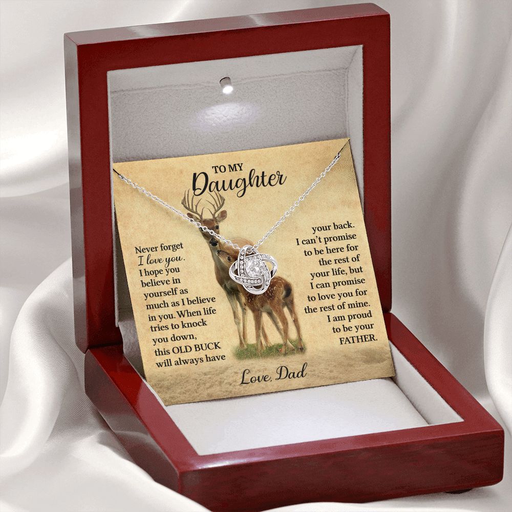 Gift For Daughter "Never Forget I Love You" Love Dad Necklace (Deer) Jewelry 14K White Gold Finish Mahogany Style Luxury Box (w/LED) 
