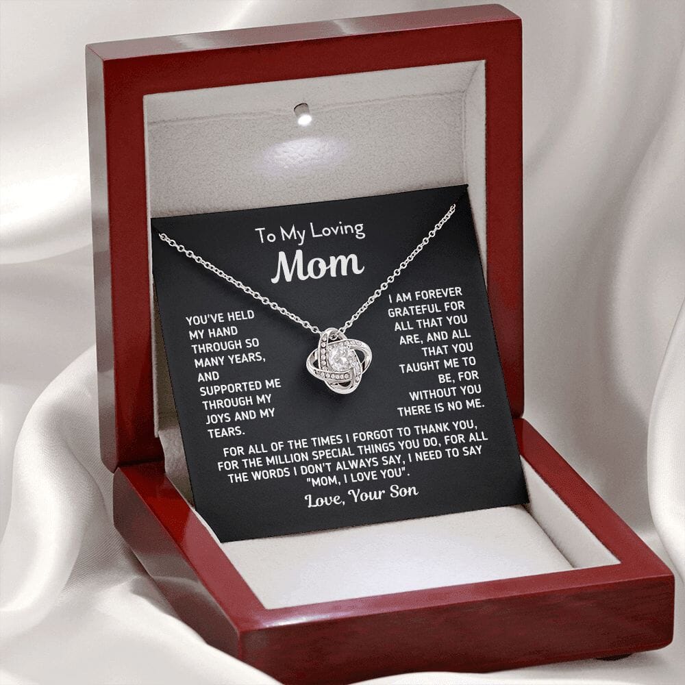 Gift for Mom From Son - "Without You There Is No Me" Gold Knot Necklace Jewelry 14K White Gold Finish Mahogany Style Luxury Box (w/LED) 