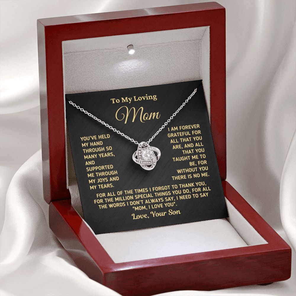 Gift for Mom From Son "Without You There Is No Me" Gold Necklace Jewelry 14K White Gold Finish Mahogany Style Luxury Box (w/LED) 