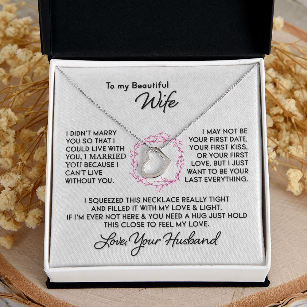 Gift for Wife "I Can't Live Without You" Heart Necklace Jewelry 14K White Gold Finish Two-Toned Gift Box 