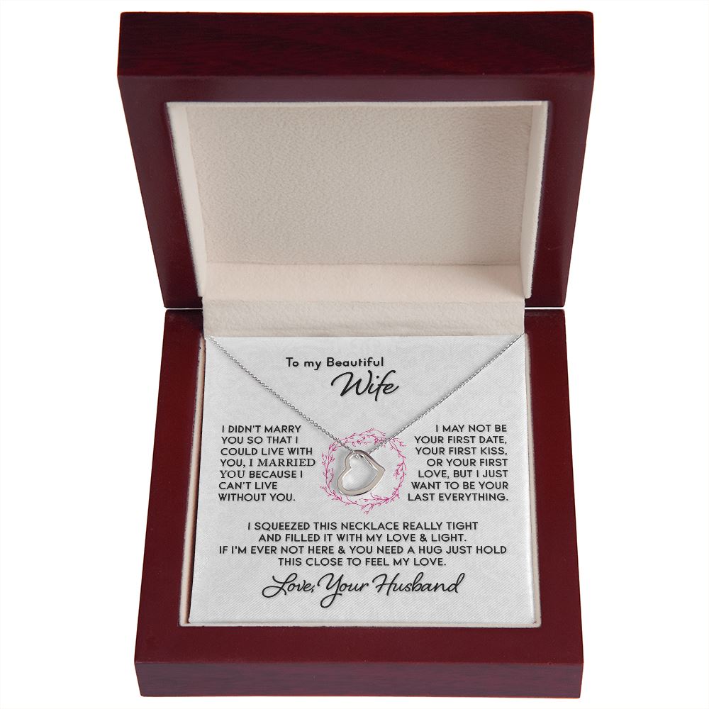 Gift for Wife "I Can't Live Without You" Heart Necklace Jewelry 14K White Gold Finish Mahogany Style Luxury Box (w/LED) 