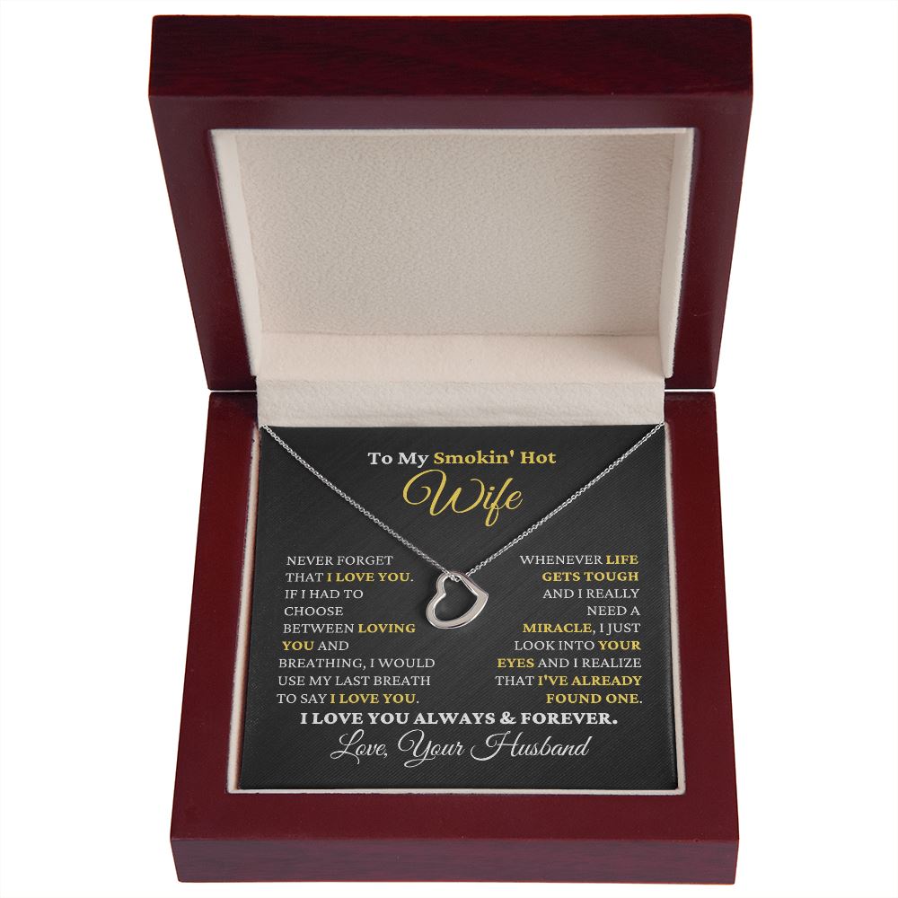 Gift for Wife "I Just Look Into Your Eyes" Heart Necklace Jewelry 14K White Gold Finish Mahogany Style Luxury Box (w/LED) 