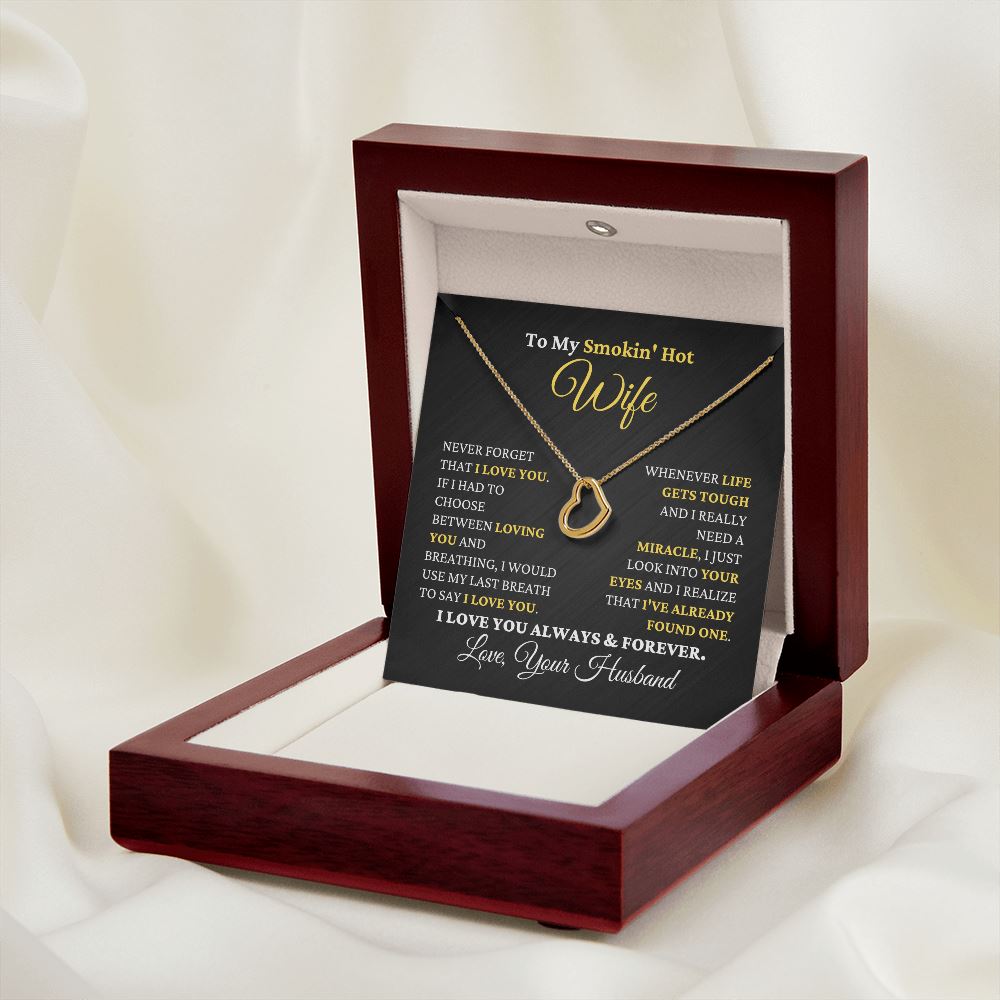 Gift for Wife "I Just Look Into Your Eyes" Heart Necklace Jewelry 18k Yellow Gold Finish Mahogany Style Luxury Box (w/LED) 