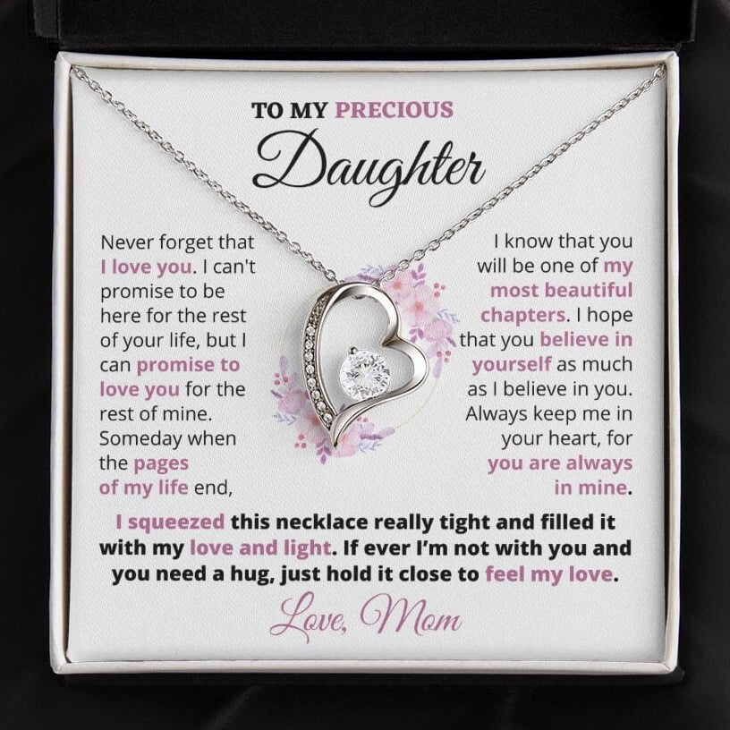 Gift For Precious Daughter "Always Keep Me In Your Heart" Love Mom Heart Necklace Jewelry 14k White Gold Finish Two-Toned Gift Box 