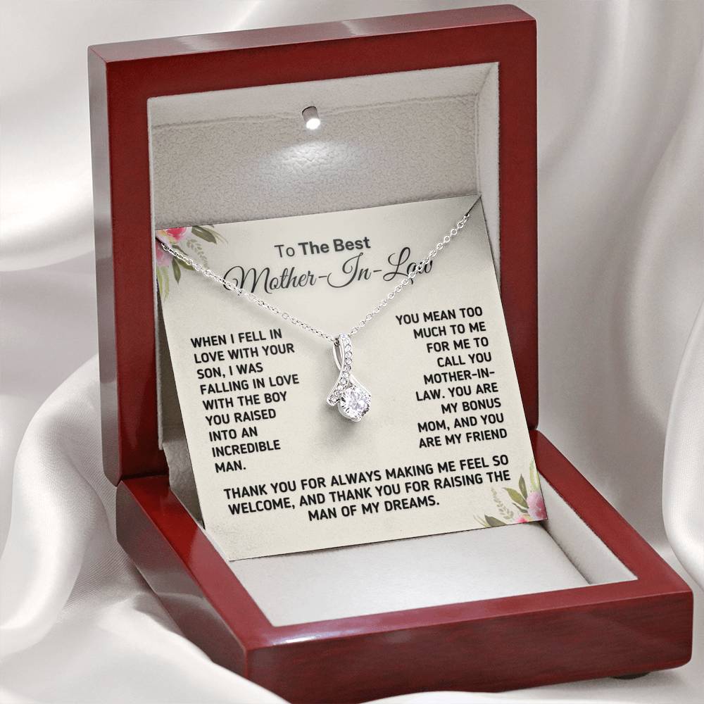 To The Best Mother In Law - Bonus Mom Necklace Jewelry Mahogany Style Luxury Box (w/LED) 