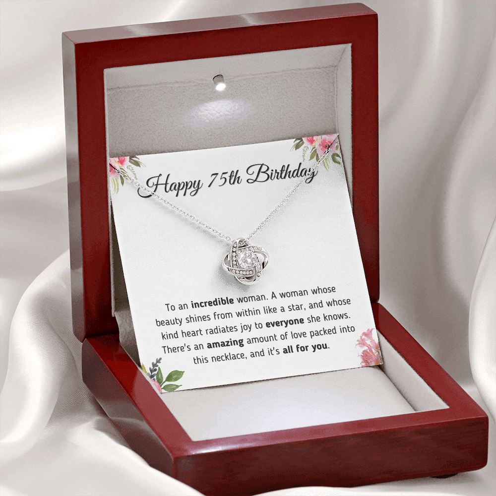 Happy 75th Birthday Gift - Necklace and Message Card Jewelry Mahogany Style Luxury Box (w/LED) 