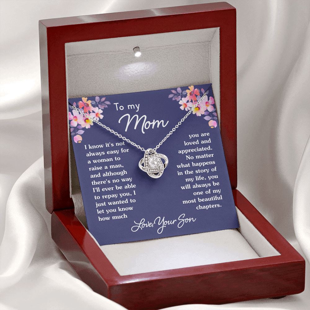 Gift For Mom From Son "Most Beautiful Chapters" Necklace Jewelry Mahogany Style Luxury Box (w/LED) 