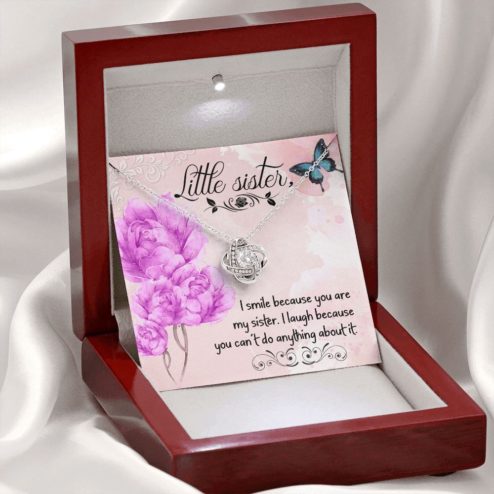 Funny Birthday Gift for Little Sister "I Smile Because You Are My Sister" Necklace Jewelry Mahogany Style Luxury Box (w/LED) 
