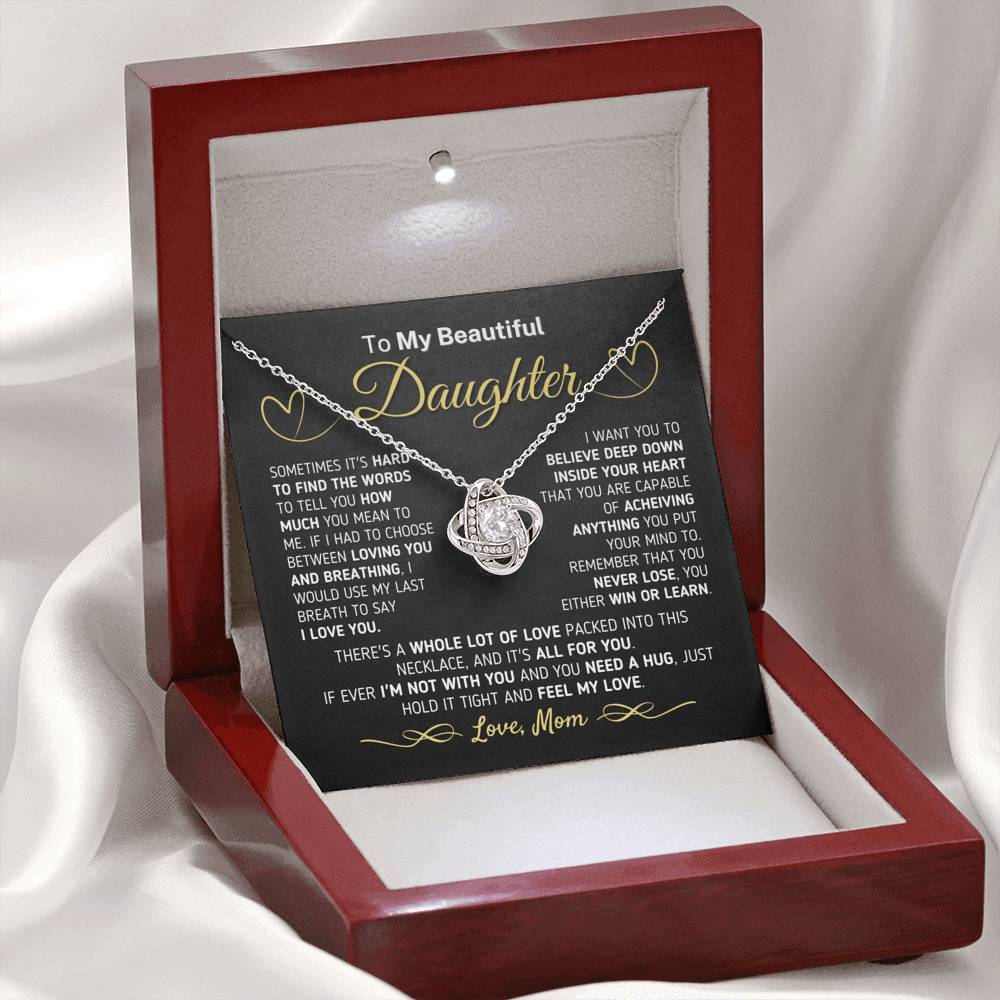 Gift for Daughter from Mom - If You Ever Need A Hug Love Knot Necklace Jewelry Mahogany Style Luxury Box (w/LED) 