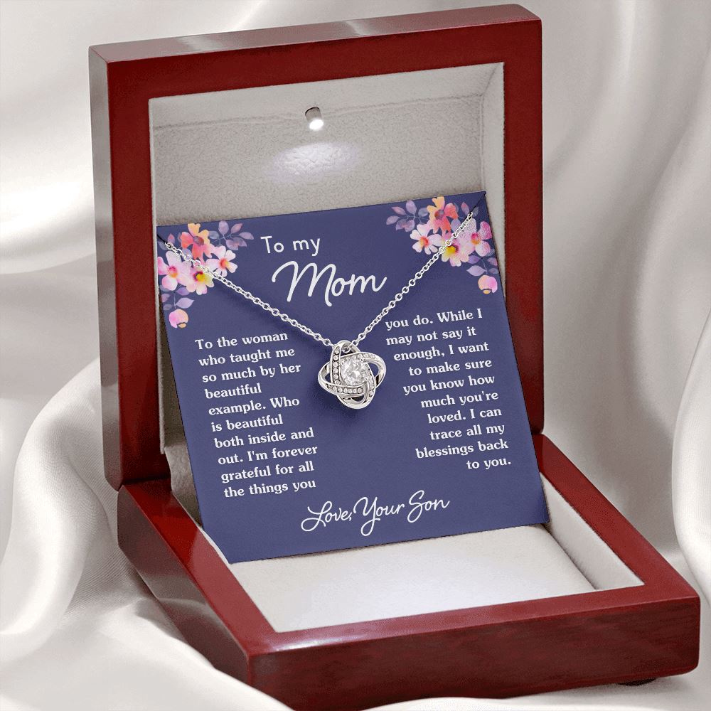 Gift For Mom From Son "Forever Grateful" Necklace Jewelry Mahogany Style Luxury Box (w/LED) 