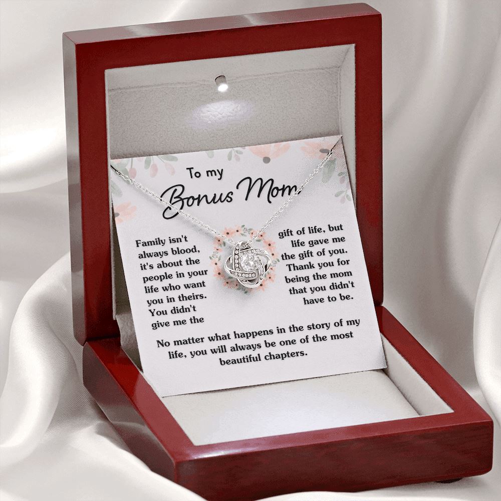 Gift For Bonus Mom "Most Beautiful Chapters" Necklace Jewelry Mahogany Style Luxury Box (w/LED) 