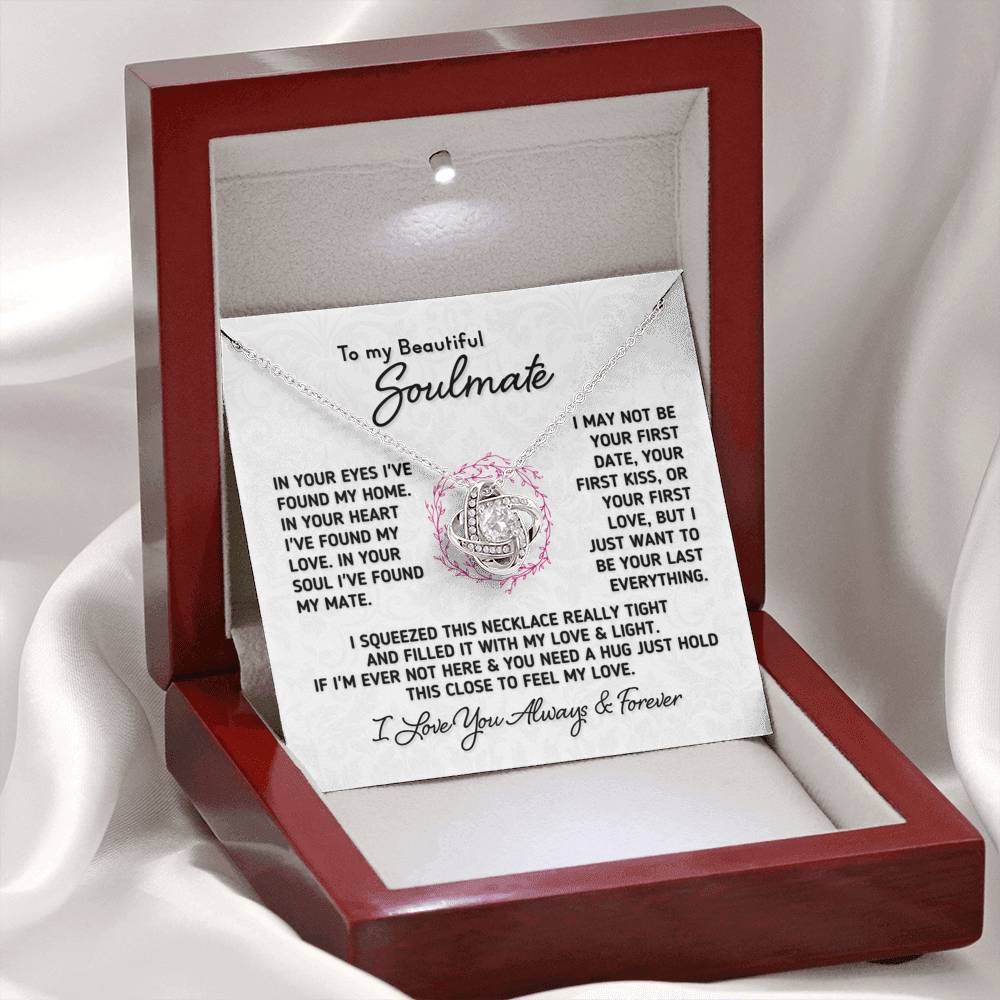Gift for Soulmate "In Your Eyes I've Found My Home" Knot Necklace Jewelry Mahogany Style Luxury Box (w/LED) 