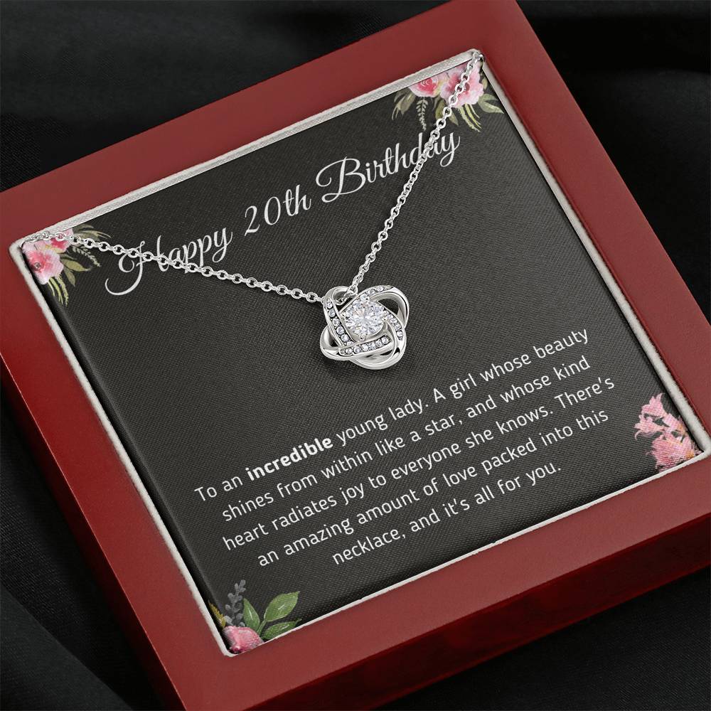 Happy 20th Birthday Incredible Young Lady - Love Knot Necklace Jewelry Mahogany Style Luxury Box (w/LED) 